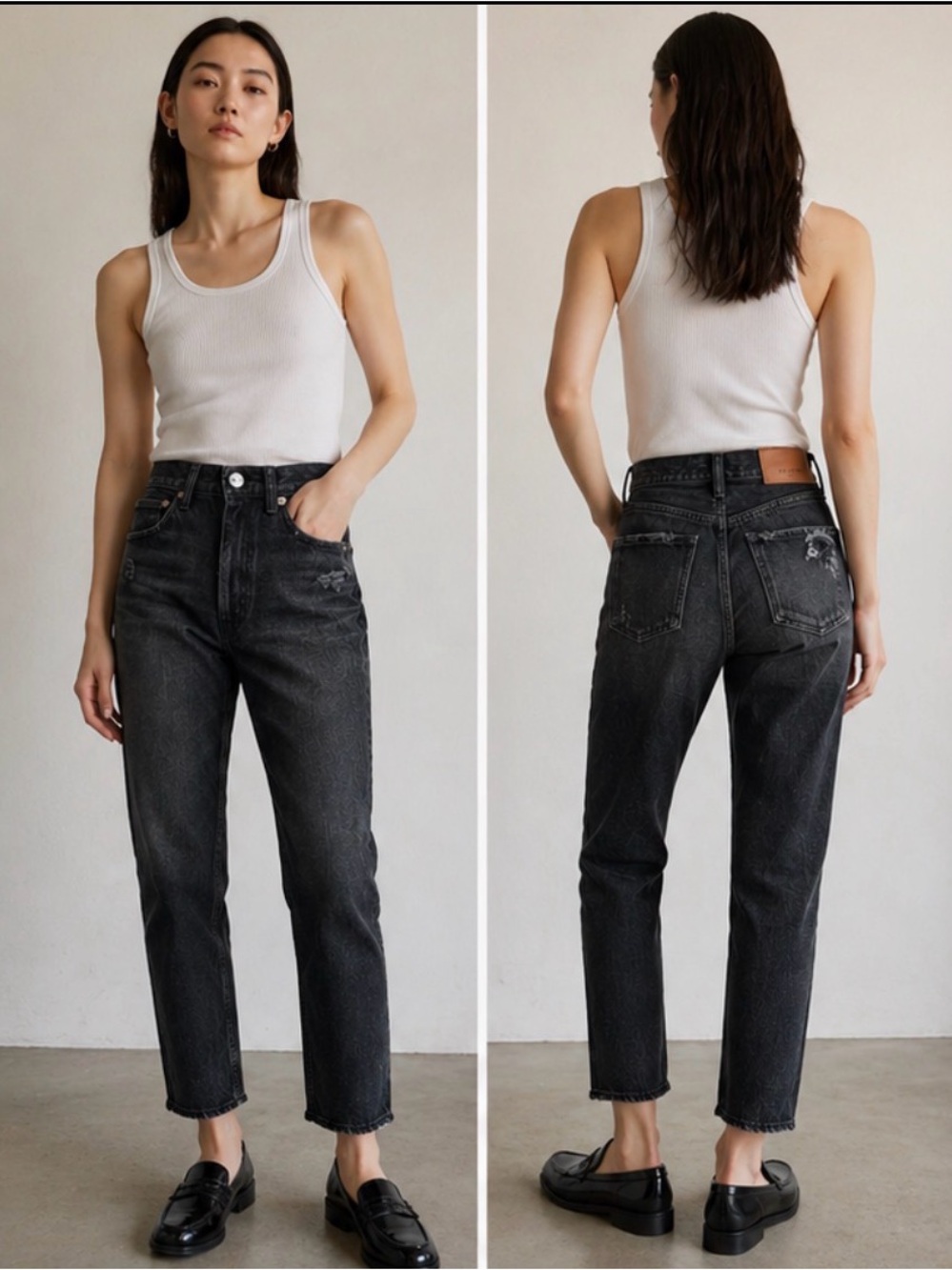 Moussy Vintage Black Distressed High Rise Tapered Jeans Cropped Ankle 24